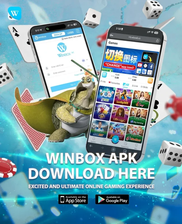 A pop-out banner advertising the 'WINBOX APK DOWNLOAD HERE'. The image features two smartphones displaying an online gaming app interface, with a cartoon turtle, playing cards, and dice in the background.